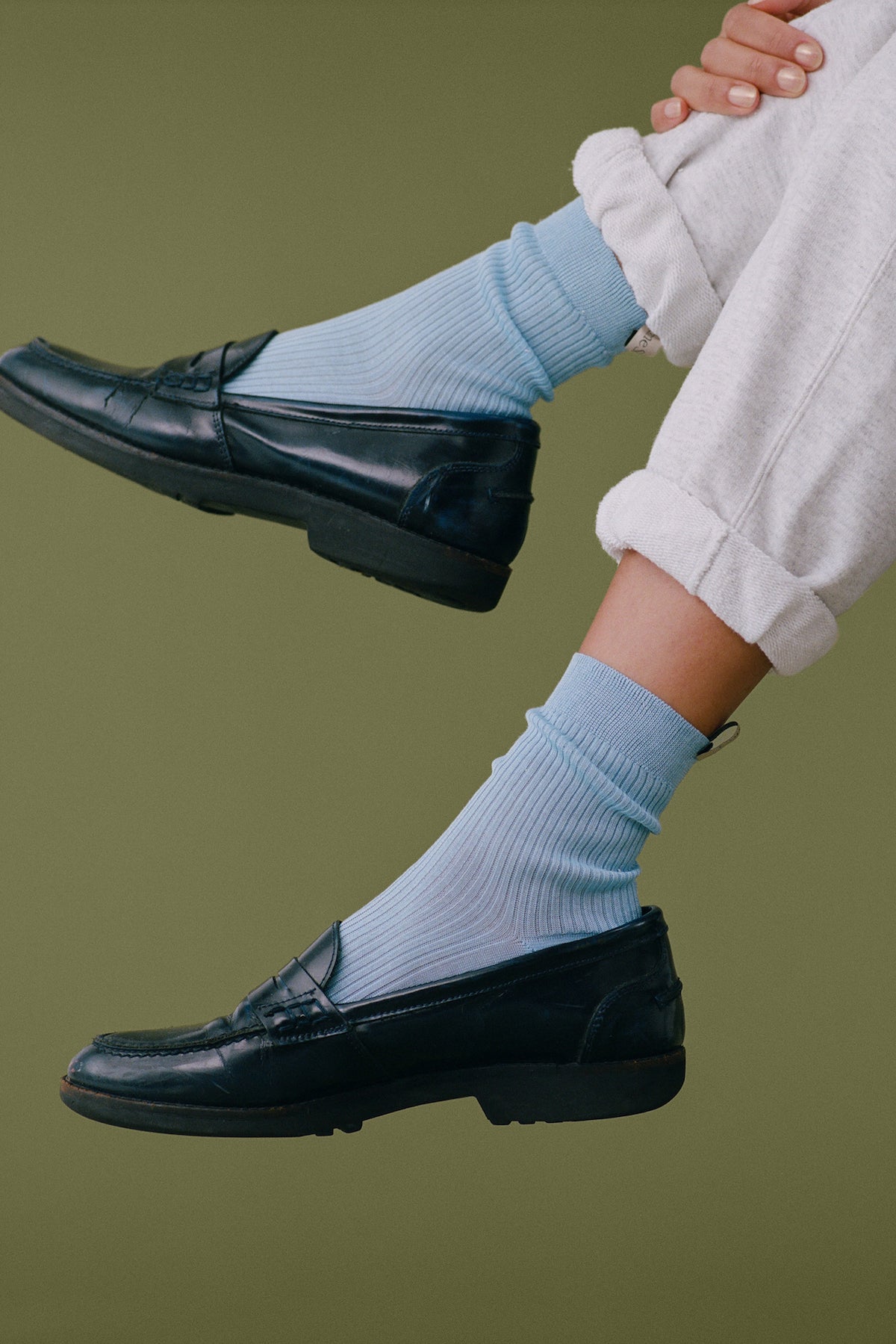 the Agnelli Sock in Capri, Egyptian Cotton, with black loafers and sweatpants