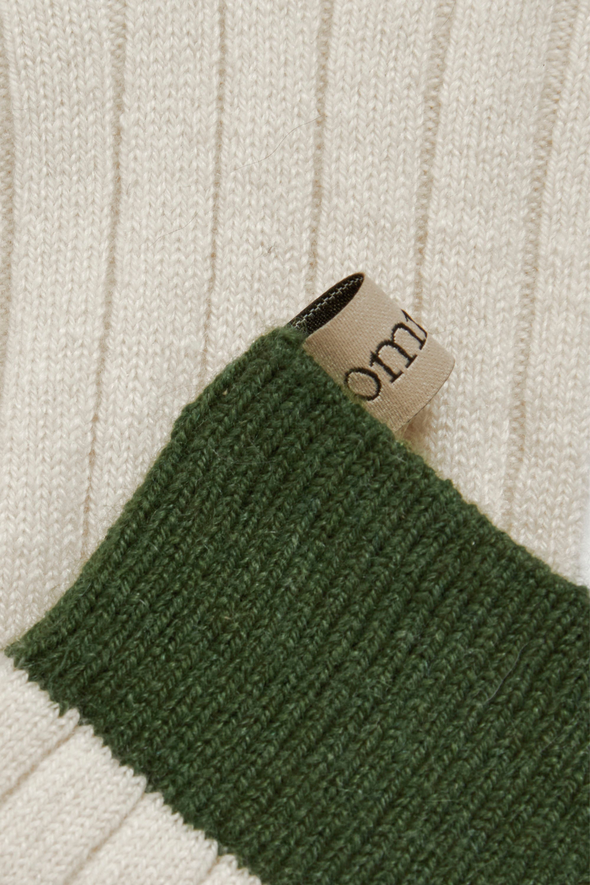 ribbon tag cuff detail, the danielle sock in cream forest color block, The Cashmere Trio in cream color block, Mongolian cashmere socks, by Comme Si