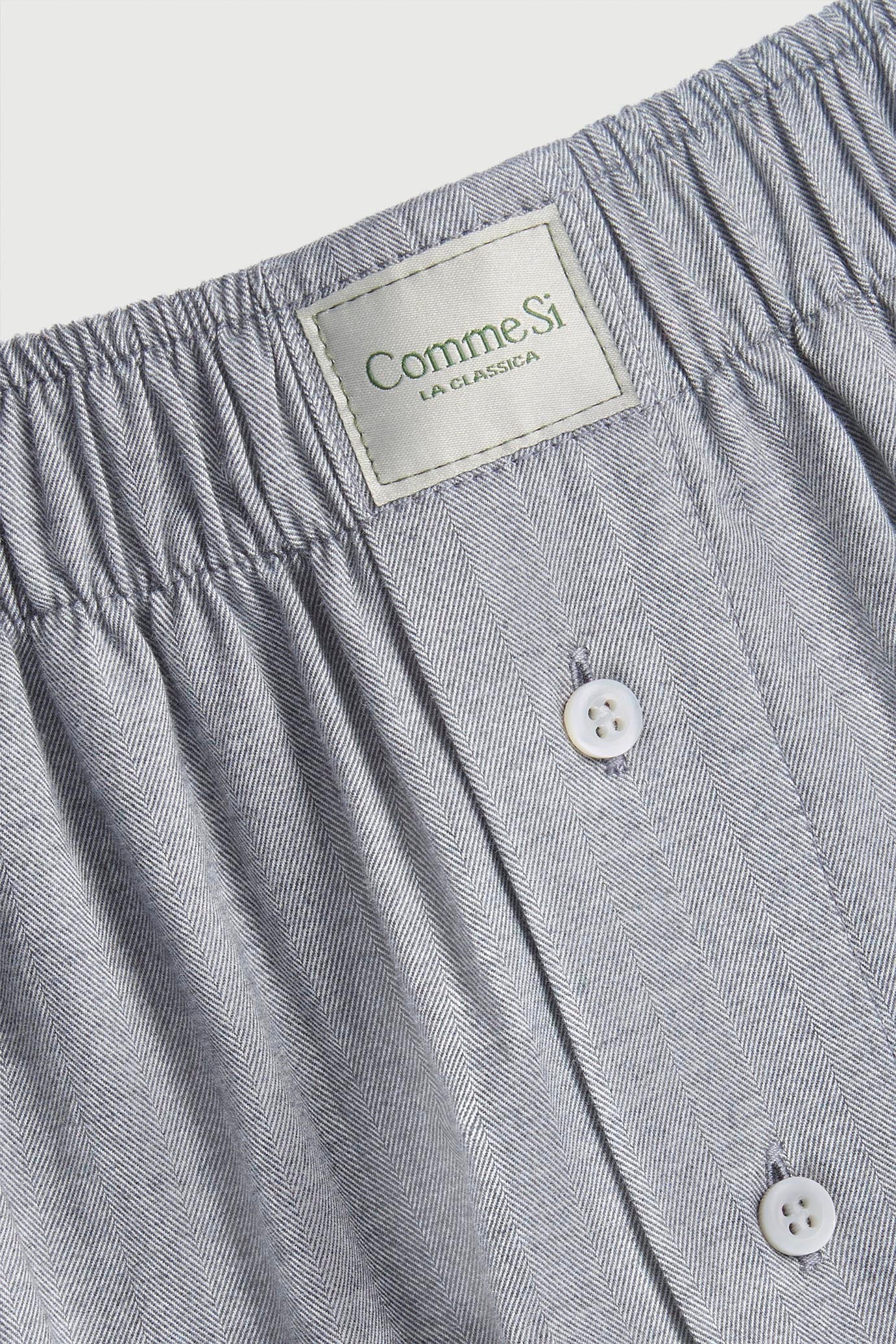 Detail of La Boxer Alta in Grey Herringbone, cotton flannel, Comme Si