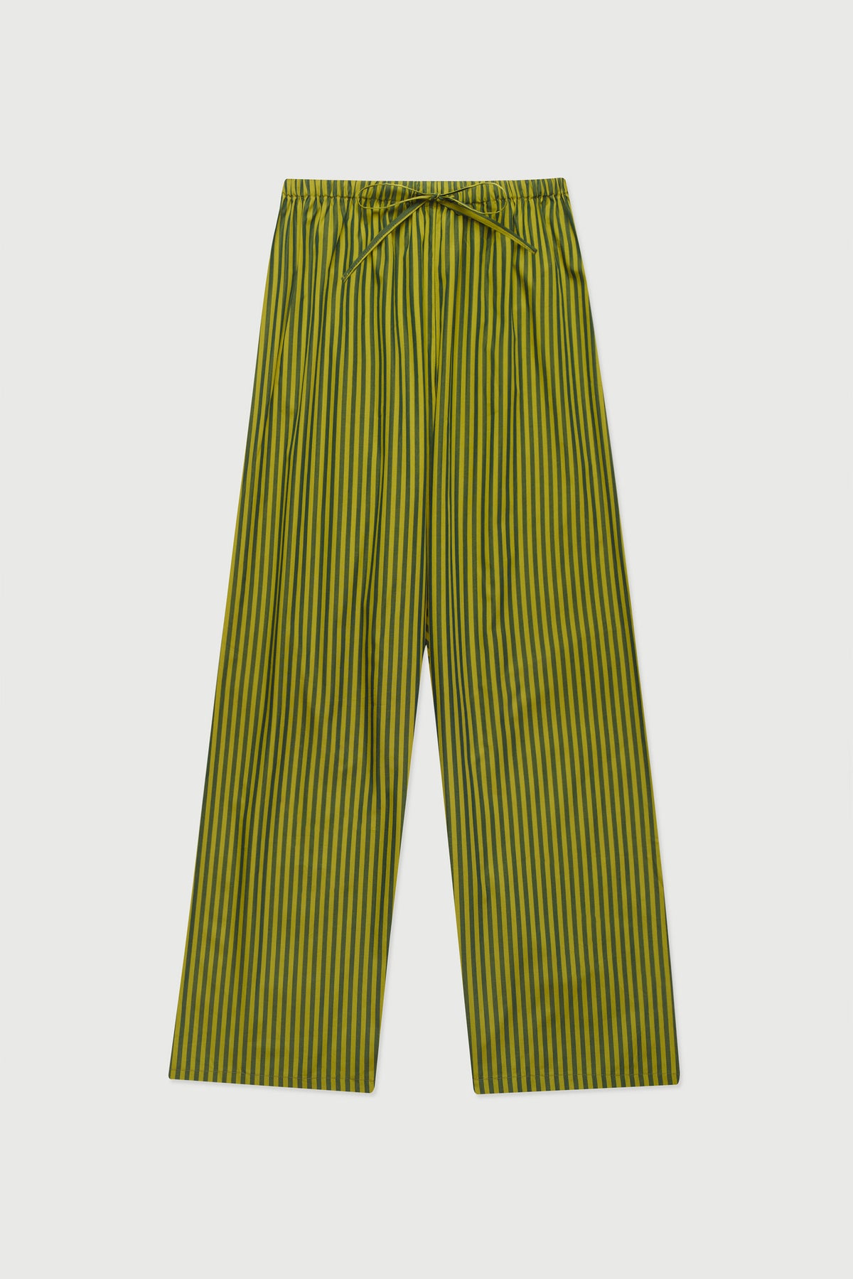 A pair of wide-leg trousers featuring a vertical stripe pattern in olive green and chartreuse, with a drawstring waistband, shown flat against a light gray background.