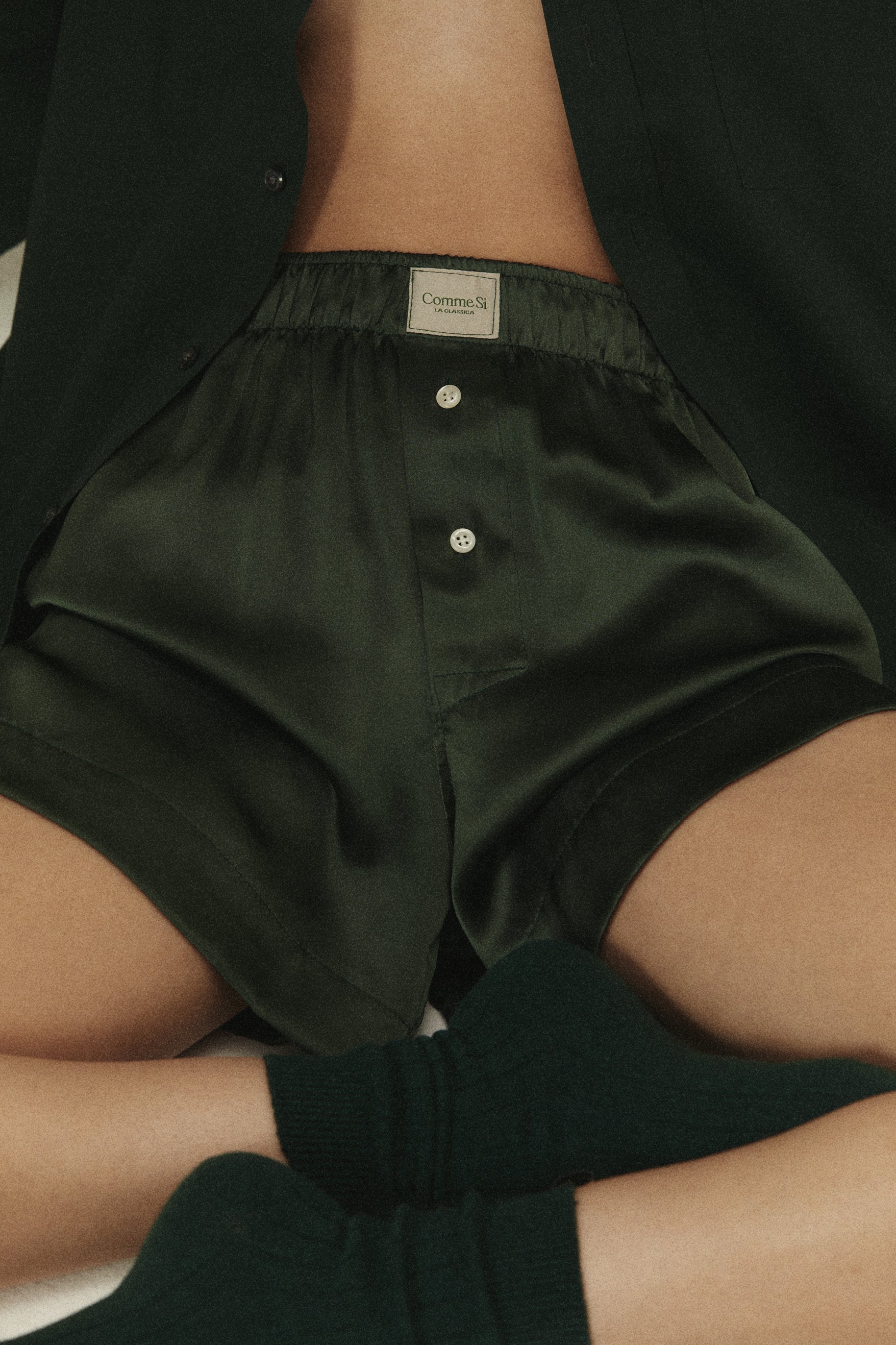 Emely wears La Boxer Classica, Silk, Forest with The Danielle Sock in Forest