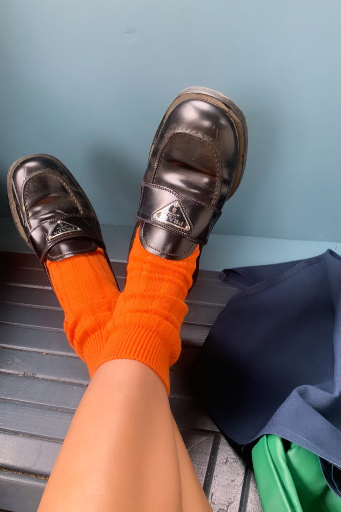 The Danielle Sock in Tangerine with Black Prada loafers