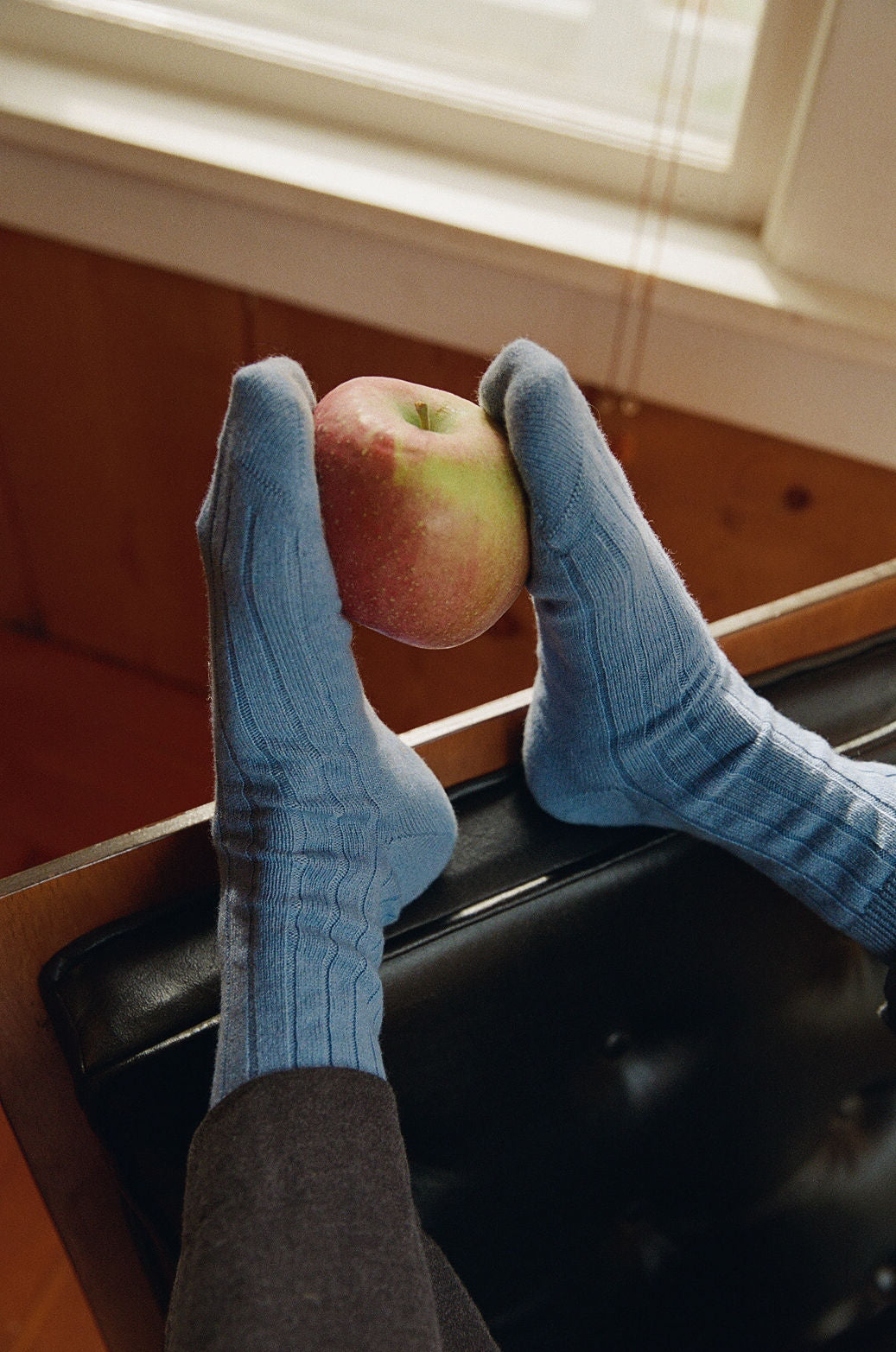 Holding an apple between two feet, The Danielle Sock, Mongolian Cashmere, Sky Blue, Comme Si