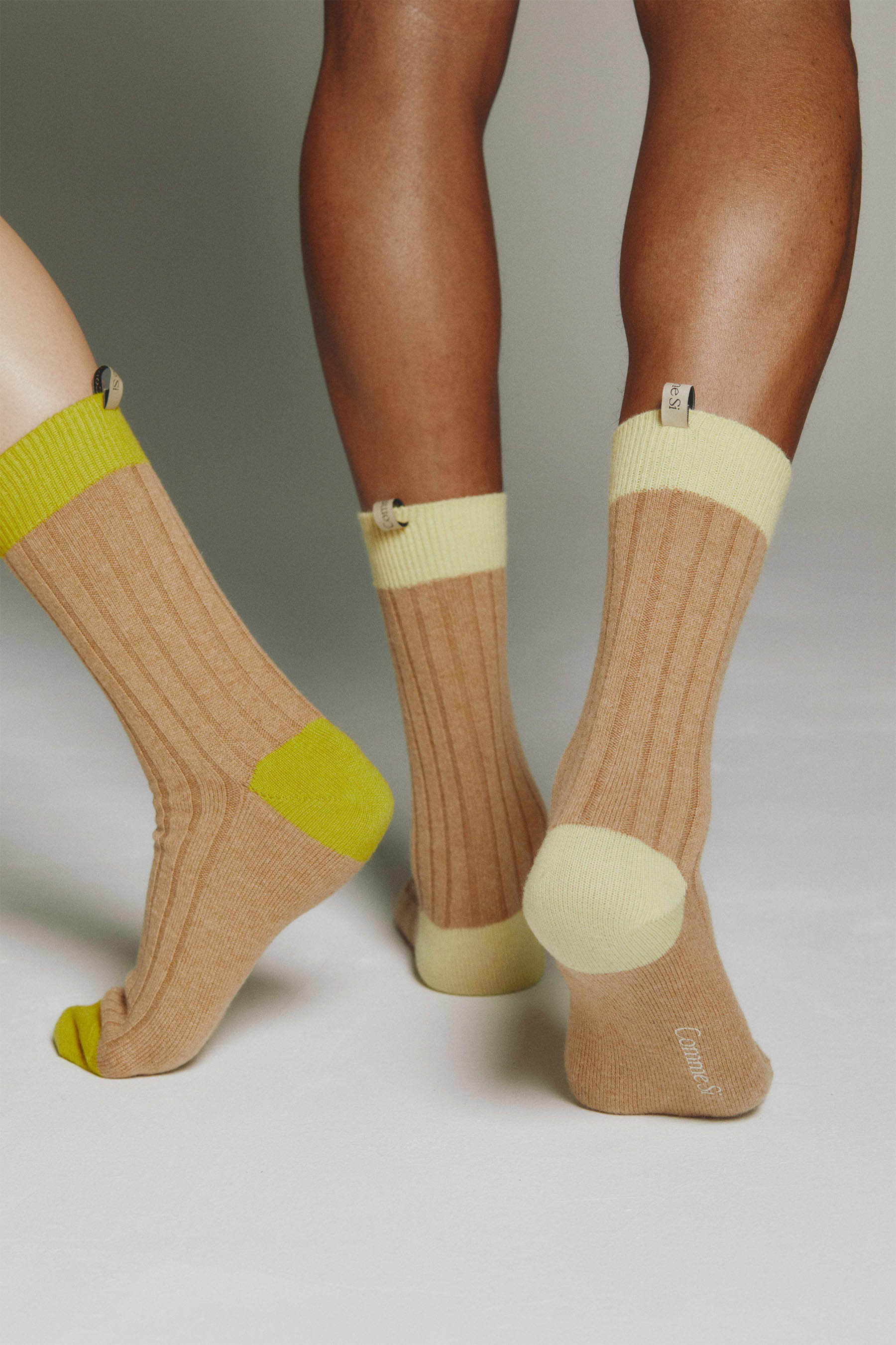 The Danielle Sock, Color Block, Cashmere, Camel Butter on foot