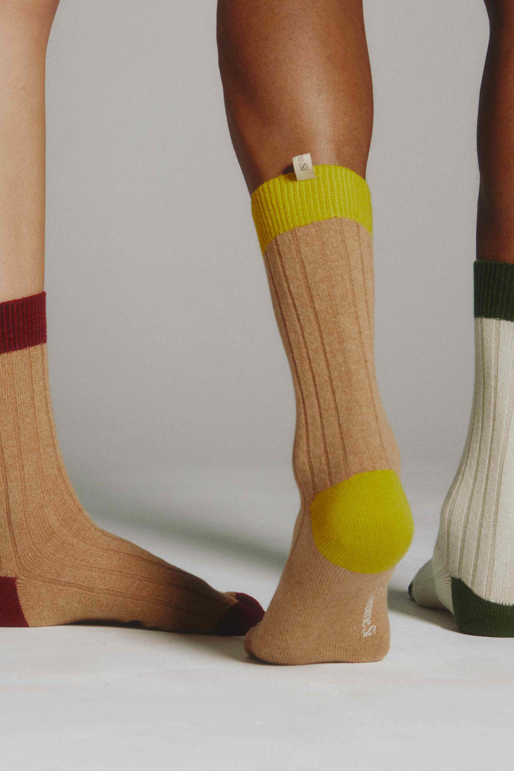 The Danielle Sock, Color Block, Cashmere, Camel Chartreuse on foot