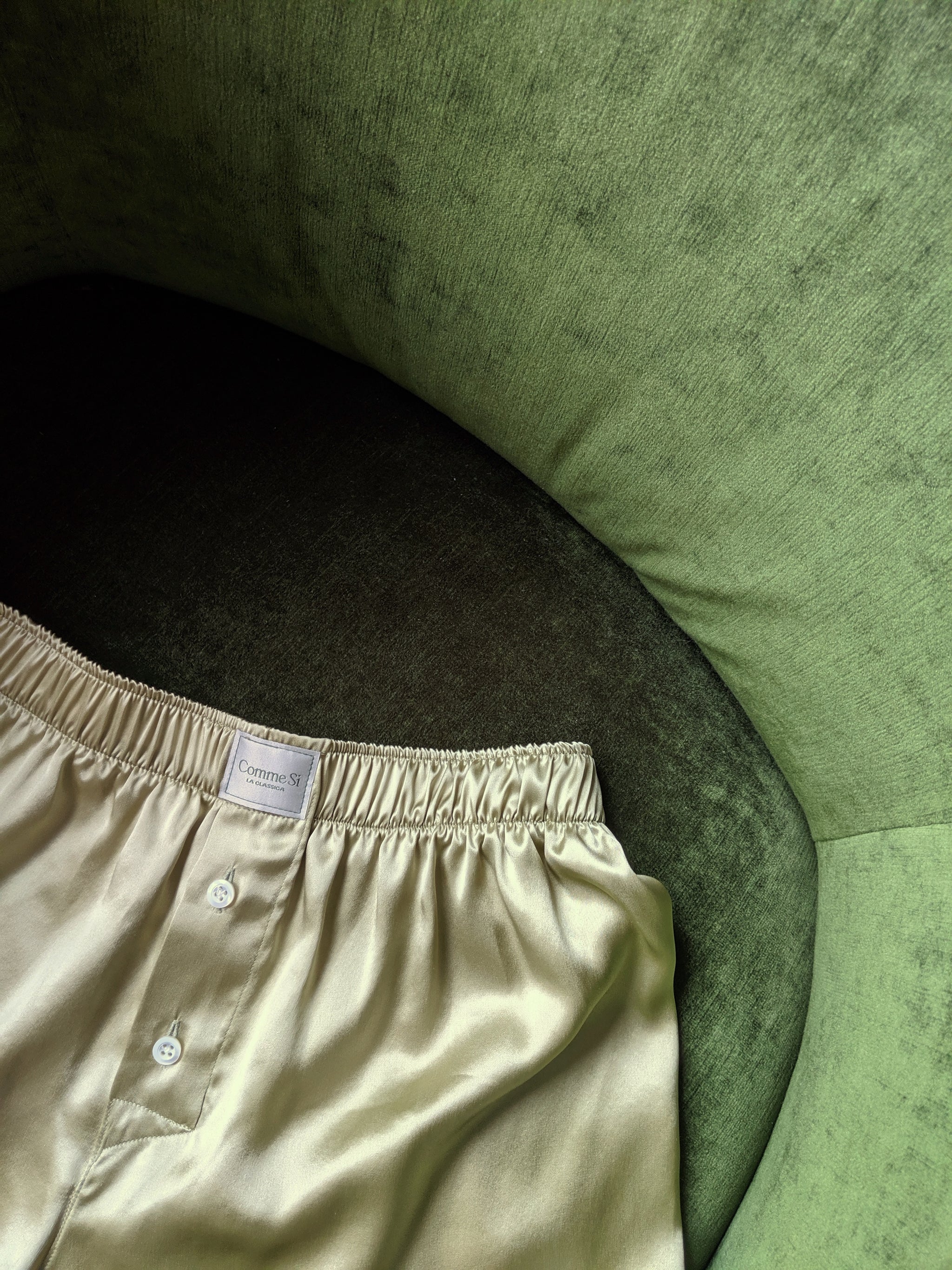 La Boxer Classica, Silk, Mint draped across a green velvet chair