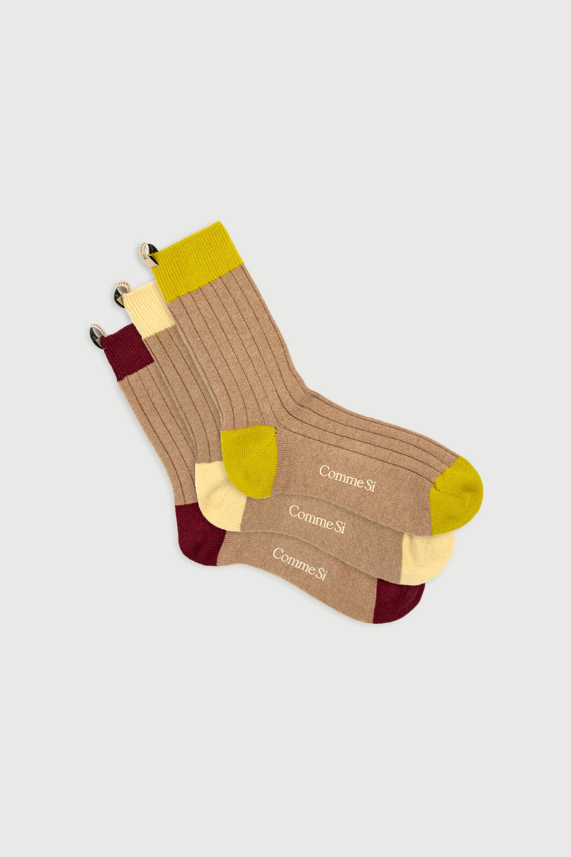 The Cashmere Trio in Camel Color Block, Mongolian cashmere socks, by Comme Si
