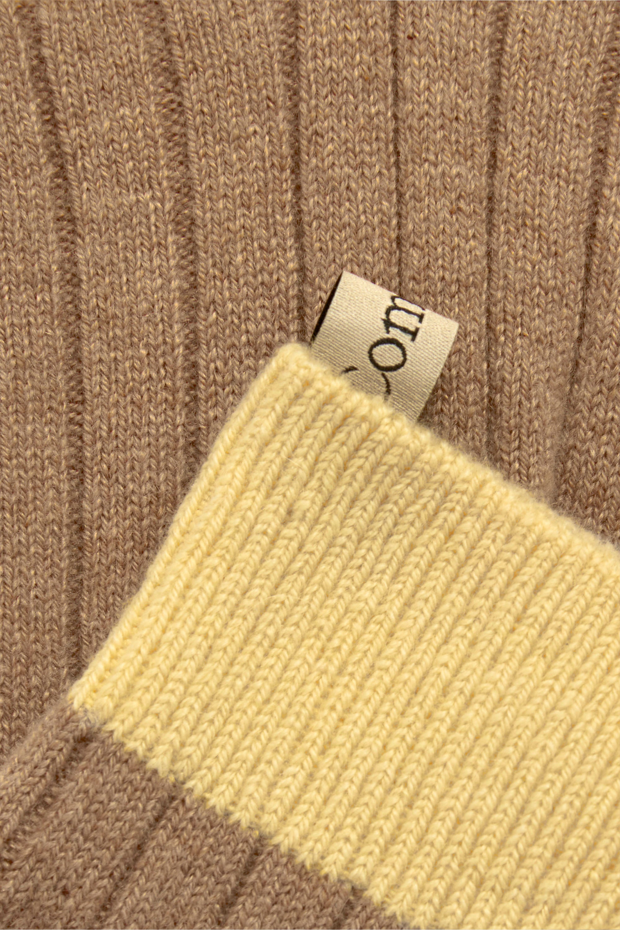 Ribbon tag detail, The Danielle Sock, Color Block, Cashmere, Camel Butter