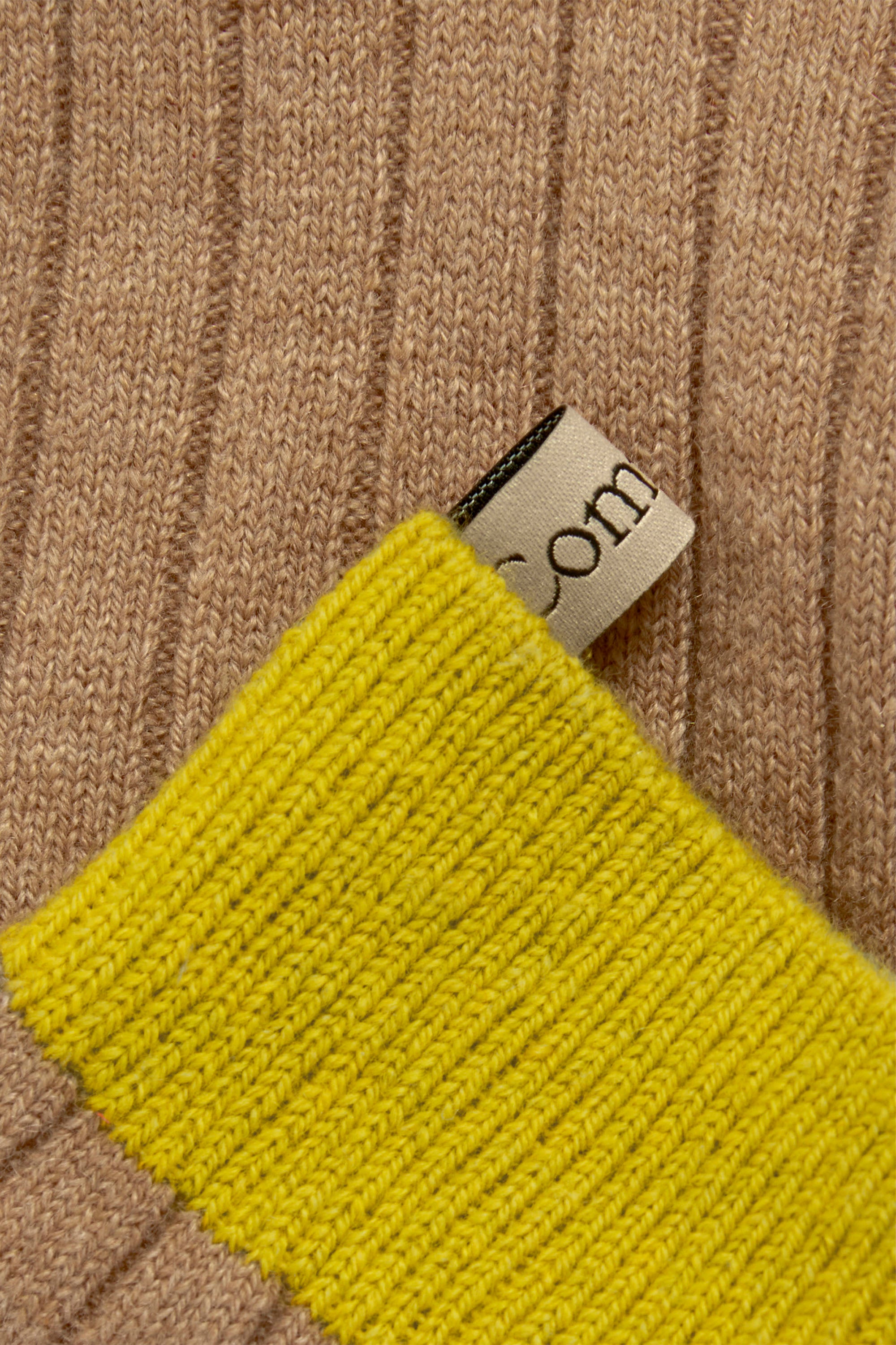Ribbon tag detail, The Danielle Sock, Color Block, Cashmere, Camel Chartreuse