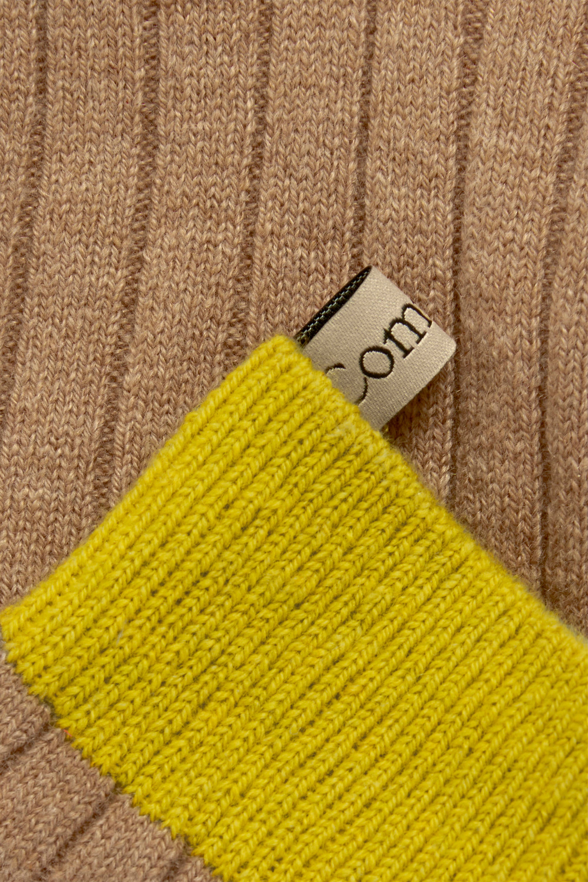 Ribbon tag detail, The Danielle Sock, Color Block, Cashmere, Camel Chartreuse