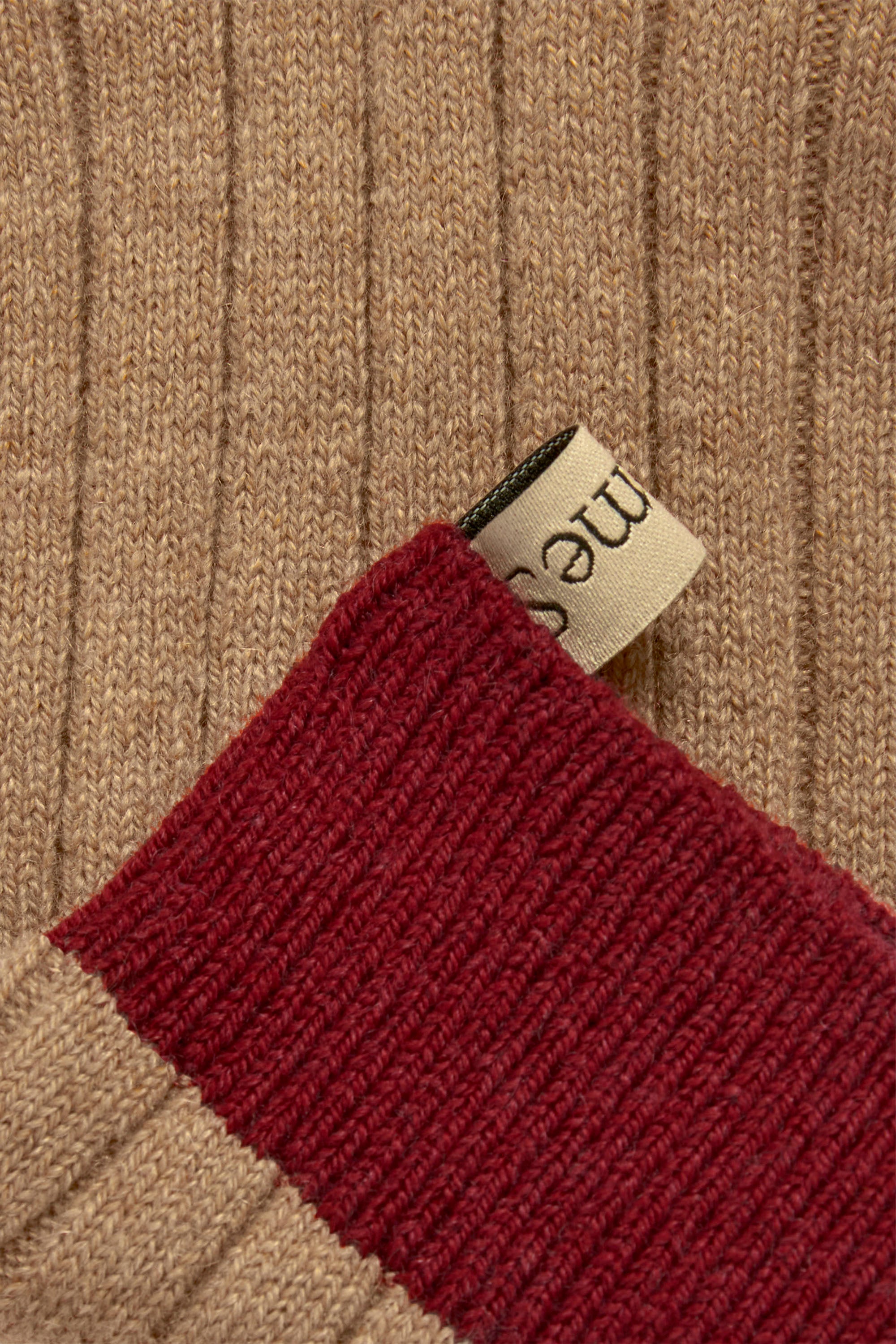 Ribbon tag detail, The Danielle Sock, Color Block, Cashmere, Camel Merlot