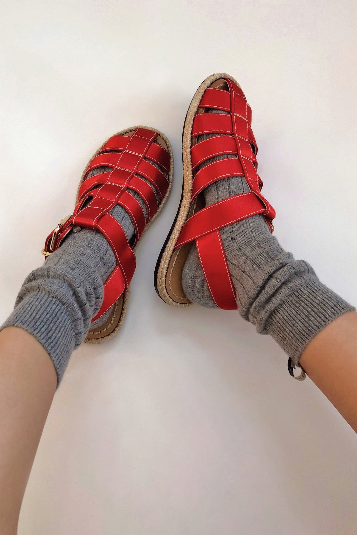 The Danielle Sock, Mongolian Cashmere, Heather Grey with red fisherman sandals