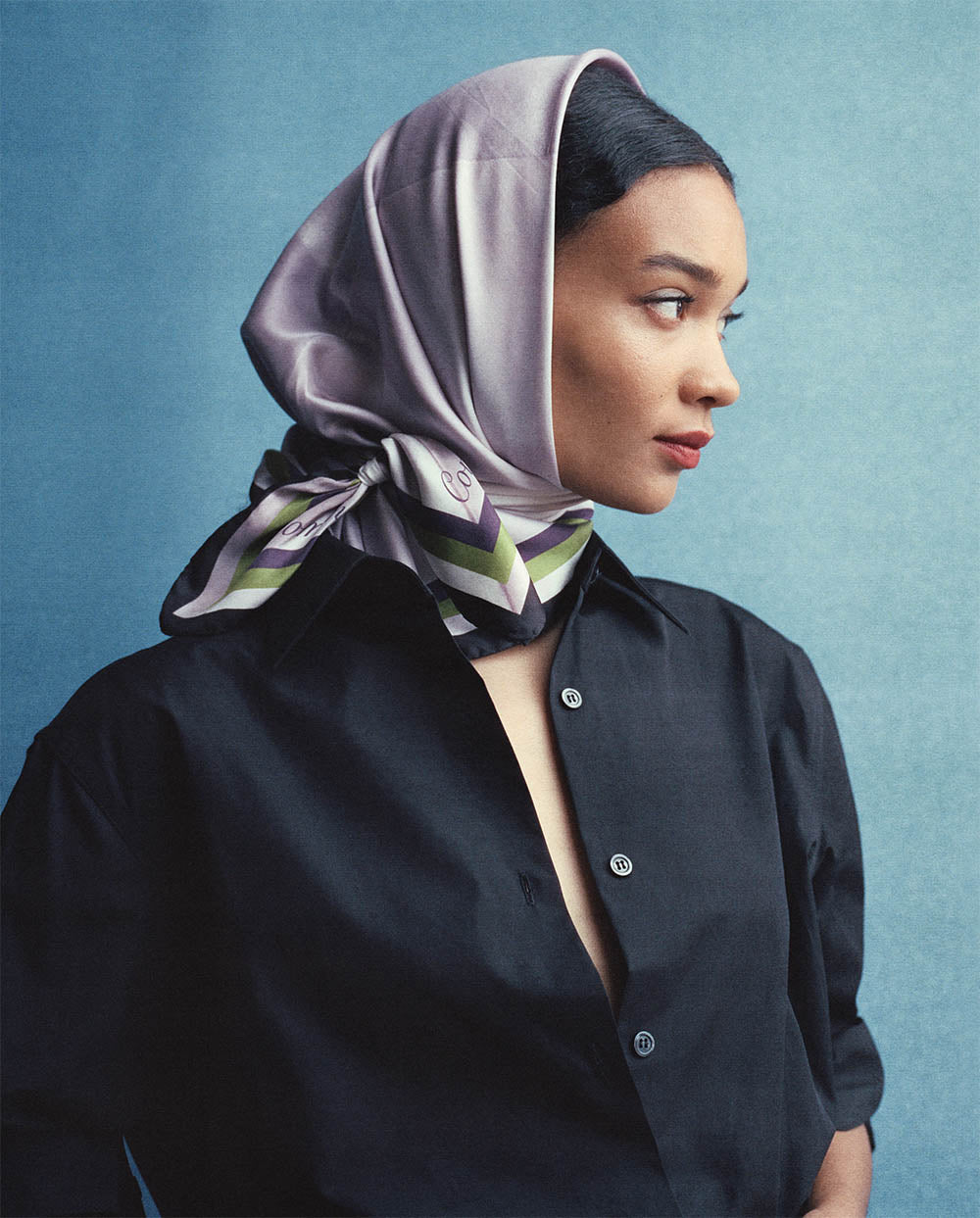 lilac silk scarf tied around head with black studio shirt button down, photo by jon ervin