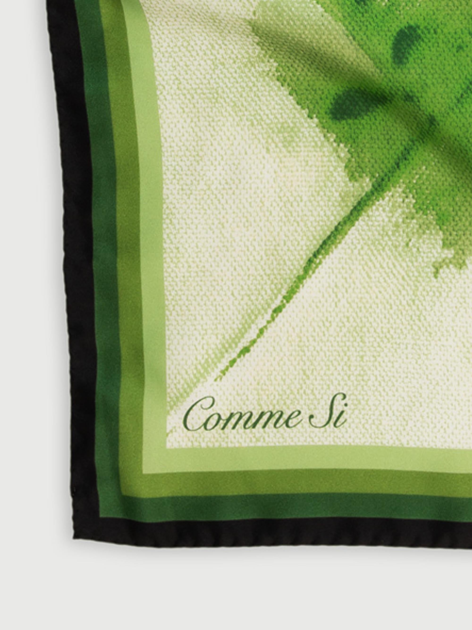 detail of the silk scarf in green, flat lay, comme si, origami pattern