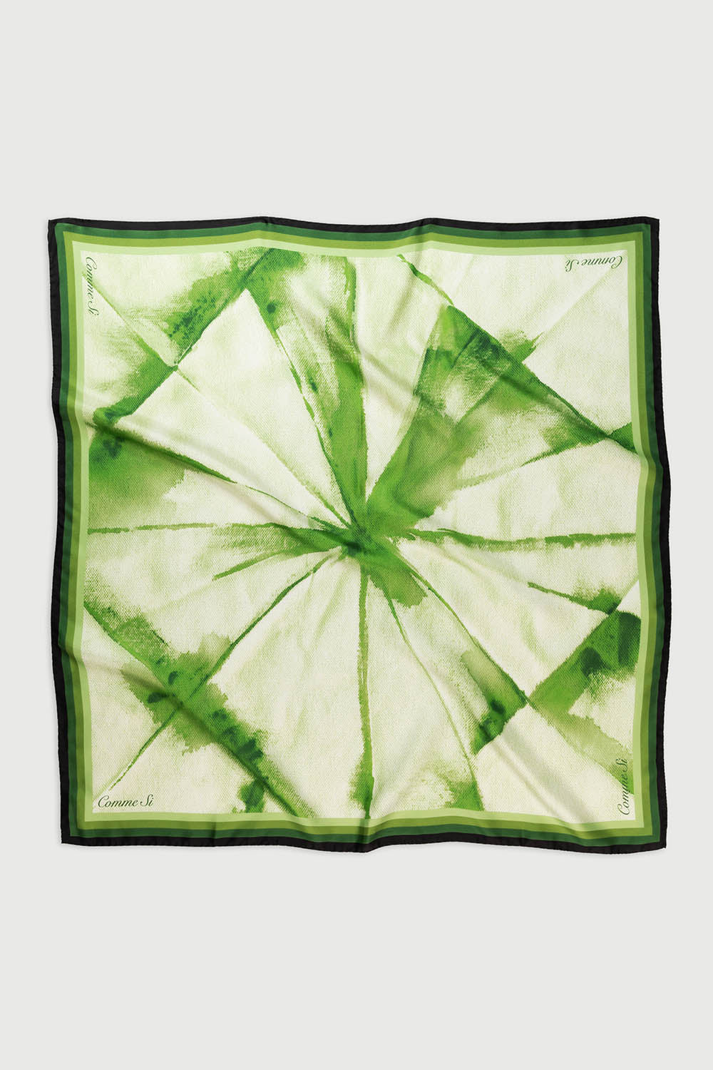 the silk scarf in green, flat lay, comme si, origami pattern